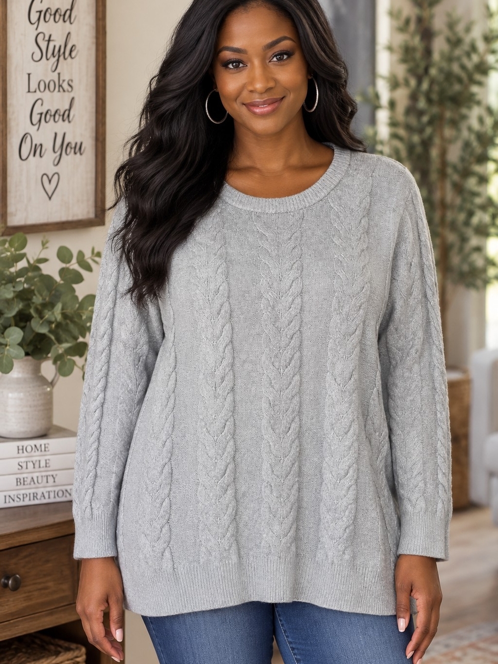 Crown & Ivy Women’s XXL Gray Cable Knit Crewneck Sweater NWT